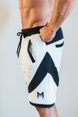 MFit Performance Shorts<br>White/Black - Muscle Fitness Factory